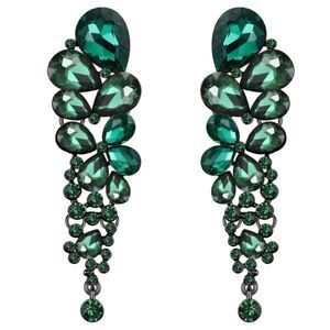 Gun Metal with Emerald Austrian Crystal Chandelier Statement Clip On Earrings